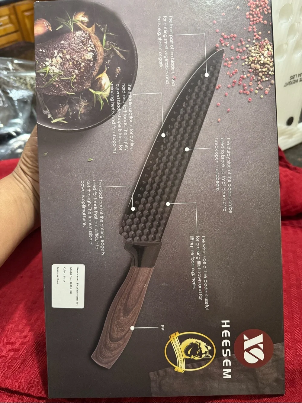 Hessem Black Hammered Blade Knife Set with Wood-Grain Handles